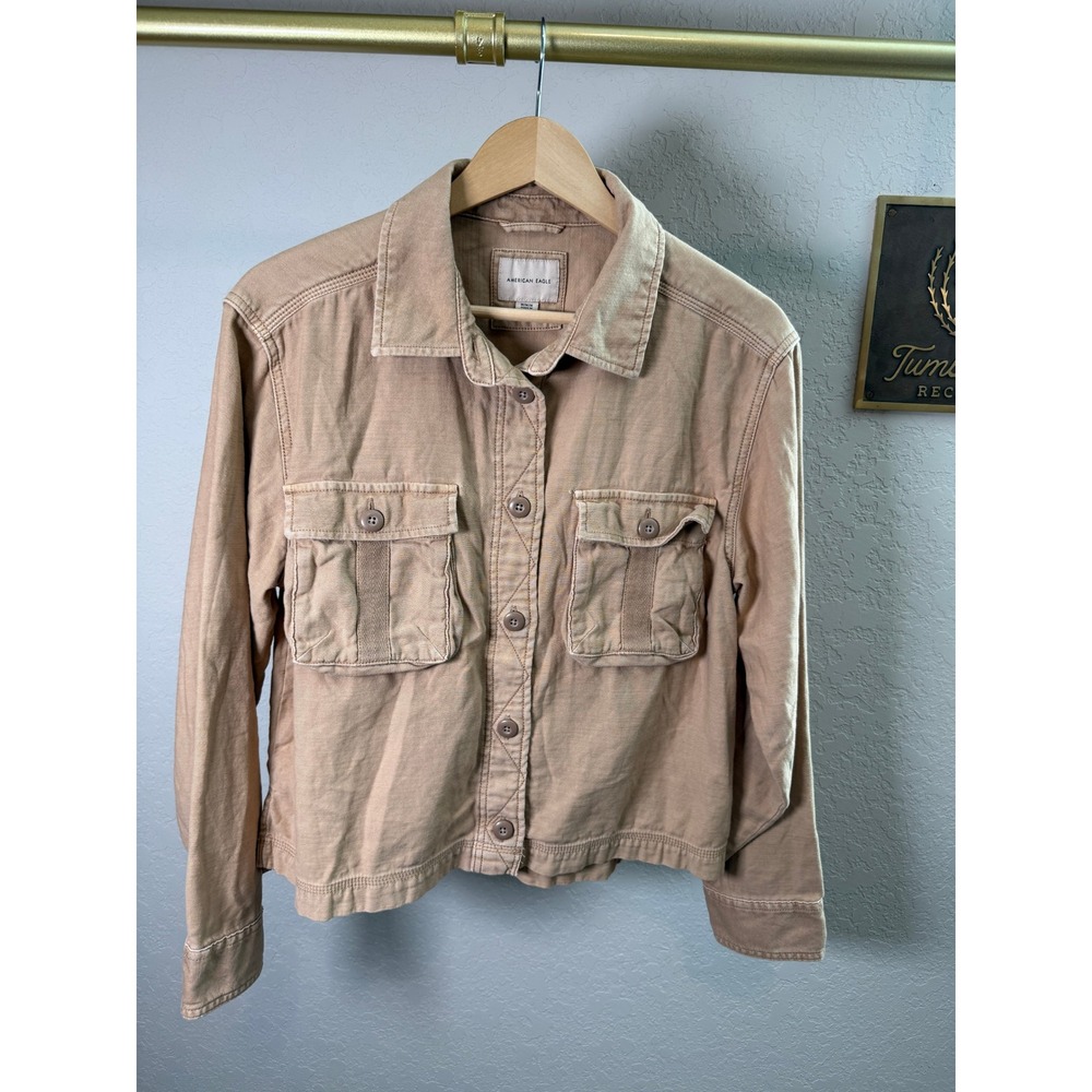 American Eagle Tan Cotton Utility Jacket Womens Medium Khaki Button Up Shacket